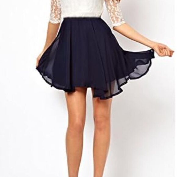 Women's White Navy Lace Chiffon Mini Dress Prom Fit and Flare Dresses - Picture 5 of 11